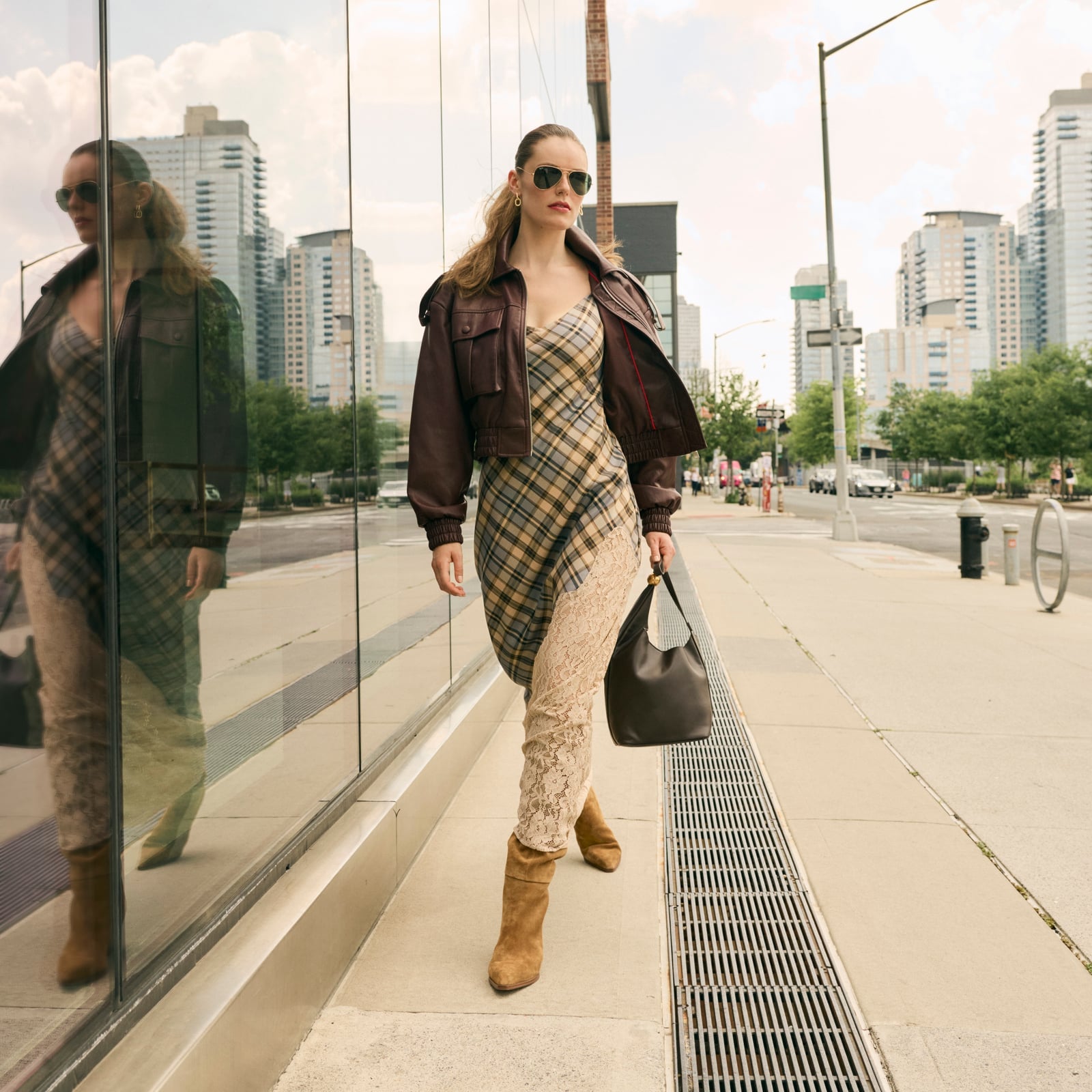 Leather Bomber Jacket Over Plaid Slip Dress Leather Bomber Jacket Over Plaid Slip Dress — Trendy 90s Style
