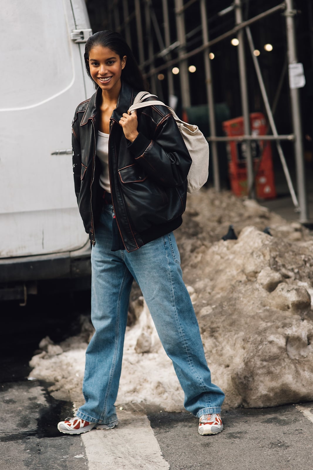 Leather Bomber Jacket with Wide-Leg Jeans Leather Bomber Jacket with Wide-Leg Jeans — Trendy 90s Style