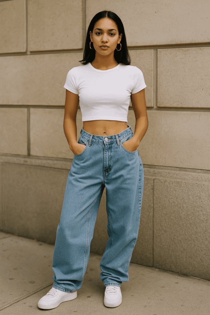 Oversized Jeans and Crop Top Street Style Oversized Jeans and Crop Top Street Style — Trendy 90s Style