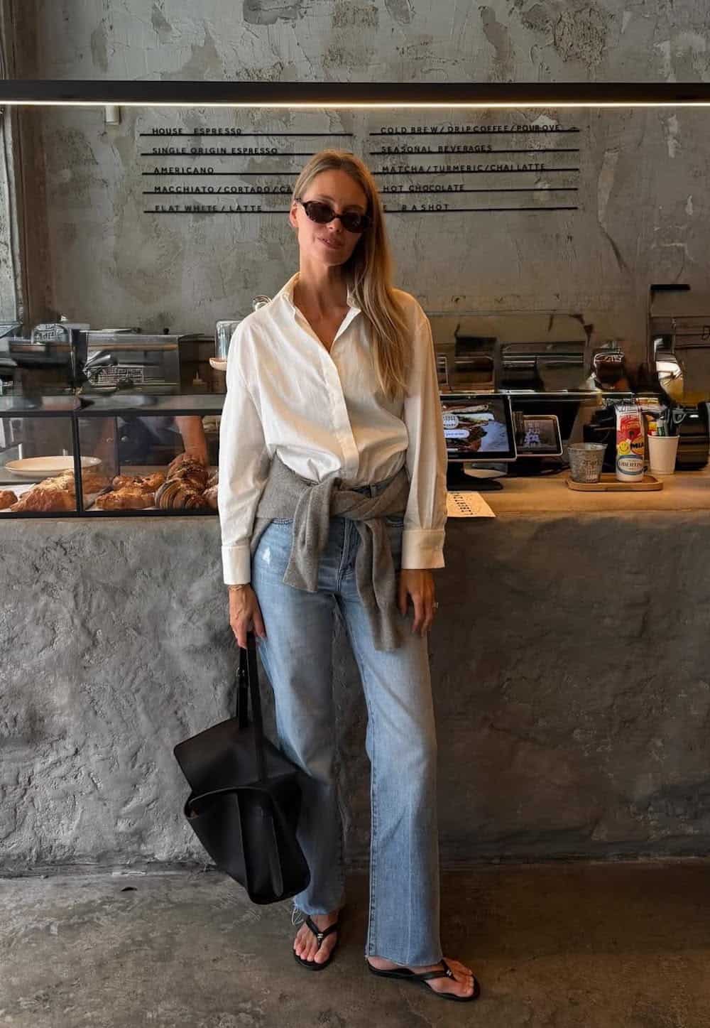 Relaxed Jeans with Sweater-Tied Shirt Relaxed Jeans with Sweater-Tied Shirt — Trendy 90s Style