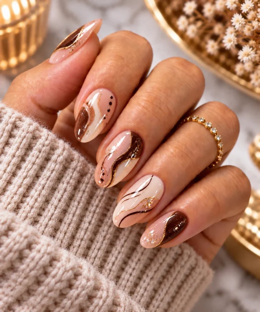 Medium Almond Nude Gold Swirl Foil Nails Medium Almond Nude Gold Swirl Foil Nails — Trendy Abstract Nails