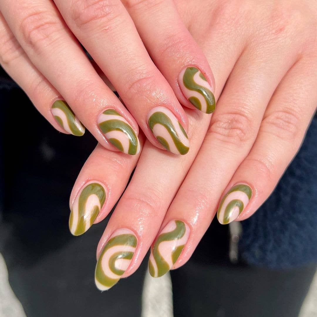 Medium Almond Olive Green Swirl Nails Medium Almond Olive Green Swirl Nails — Trendy Abstract Nails