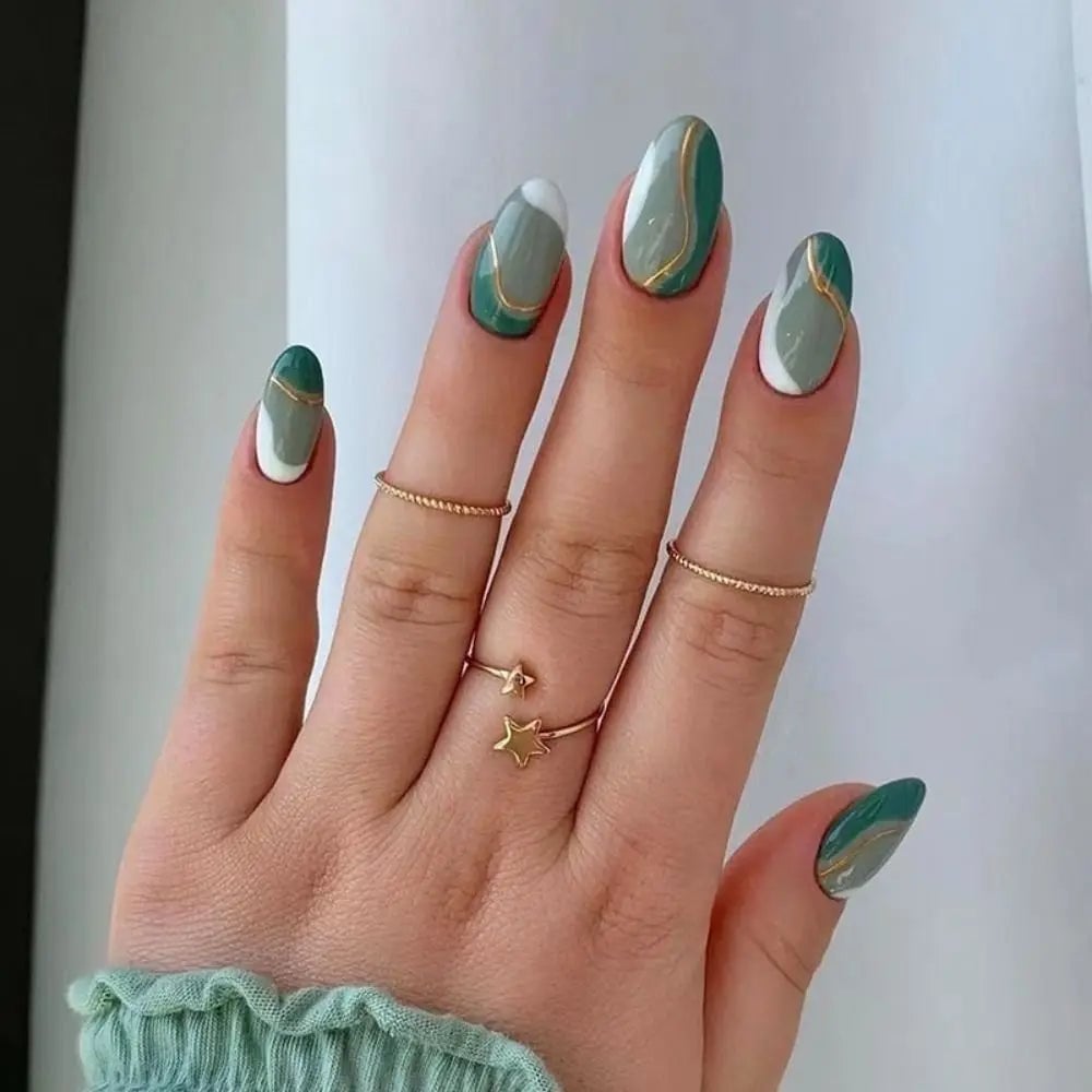 Medium Oval Green Grey Gold Line Nails Medium Oval Green Grey Gold Line Nails — Trendy Abstract Nails