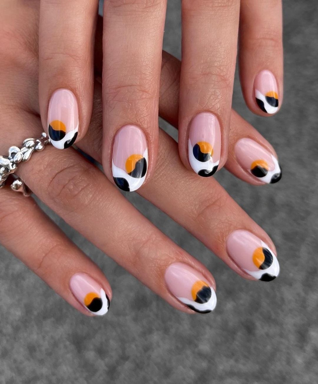 Medium Oval Nude Black Orange Abstract Nails Medium Oval Nude Black Orange Abstract Nails — Trendy Abstract Nails