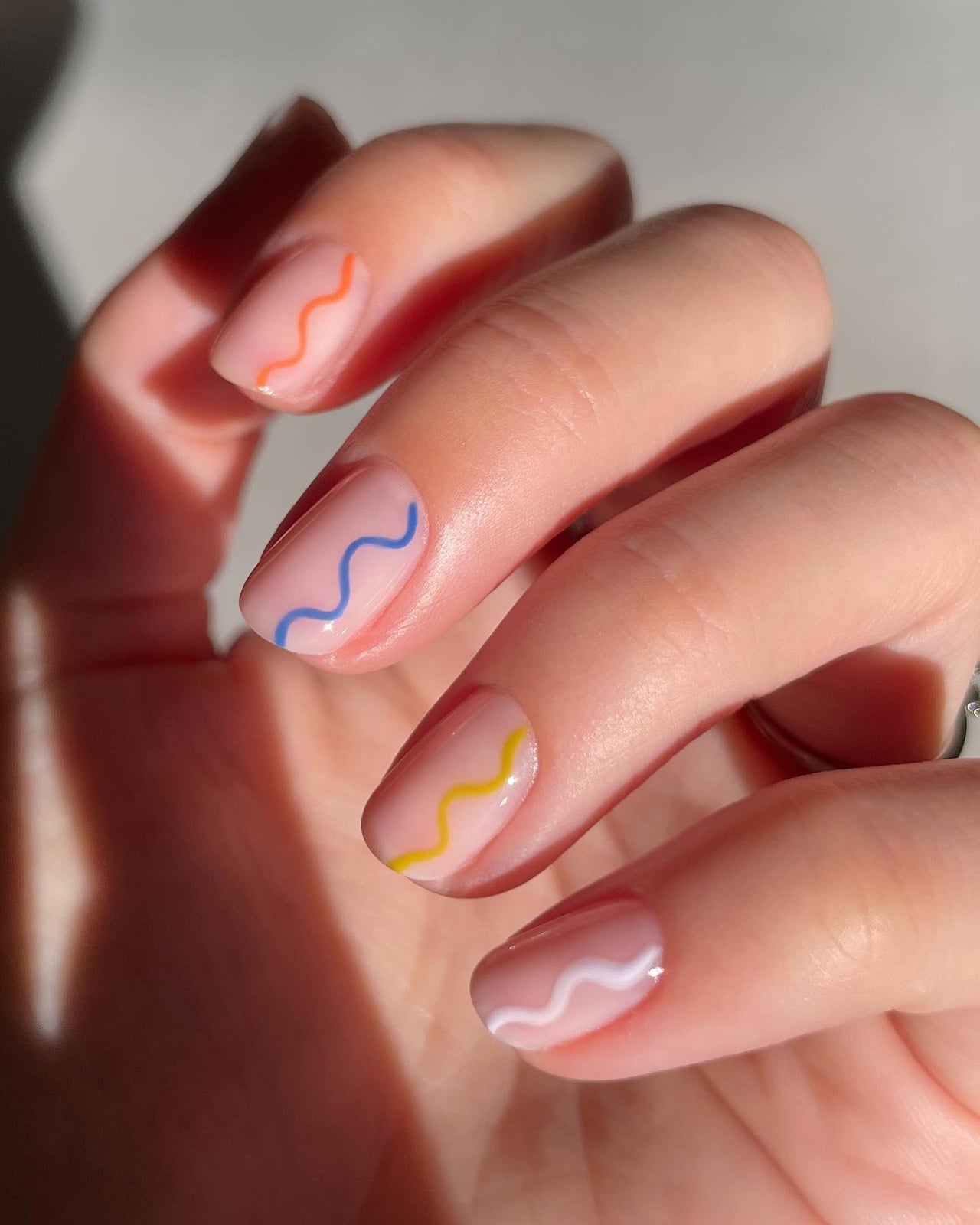 Medium Soft Square Sheer Nude Pastel Line Nails Medium Soft Square Sheer Nude Pastel Line Nails — Trendy Abstract Nails