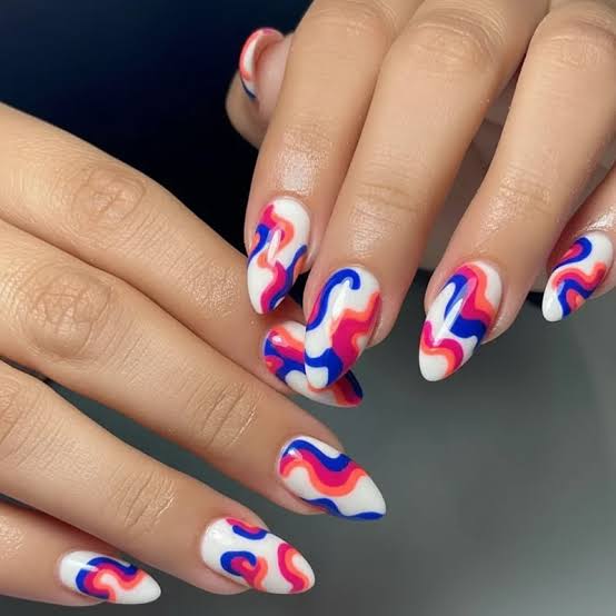 Medium Almond Vibrant Swirl Nails Medium Almond Vibrant Swirl Nails — Trendy Abstract Nails