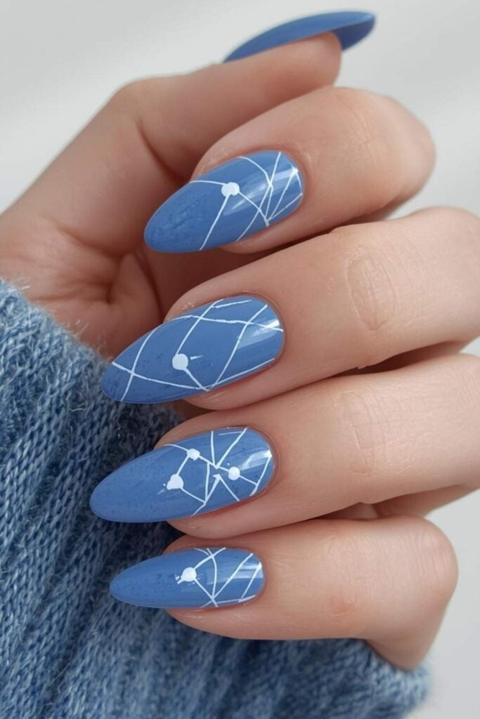 Medium Stiletto Matte Blue Geometric Line Nails Medium Stiletto Matte Blue Geometric Line Nails — Trendy Abstract Nails