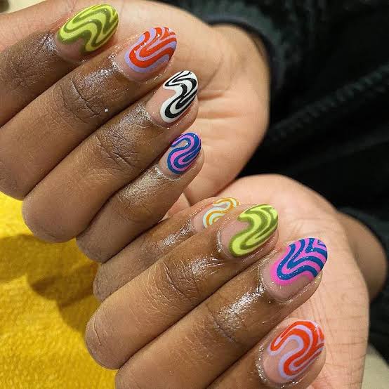 Short Oval Glossy Neon Abstract Swirl Nails, Office-Safe Version Short Oval Glossy Neon Abstract Swirl Nails, Office-Safe Version — Trendy Abstract Nails