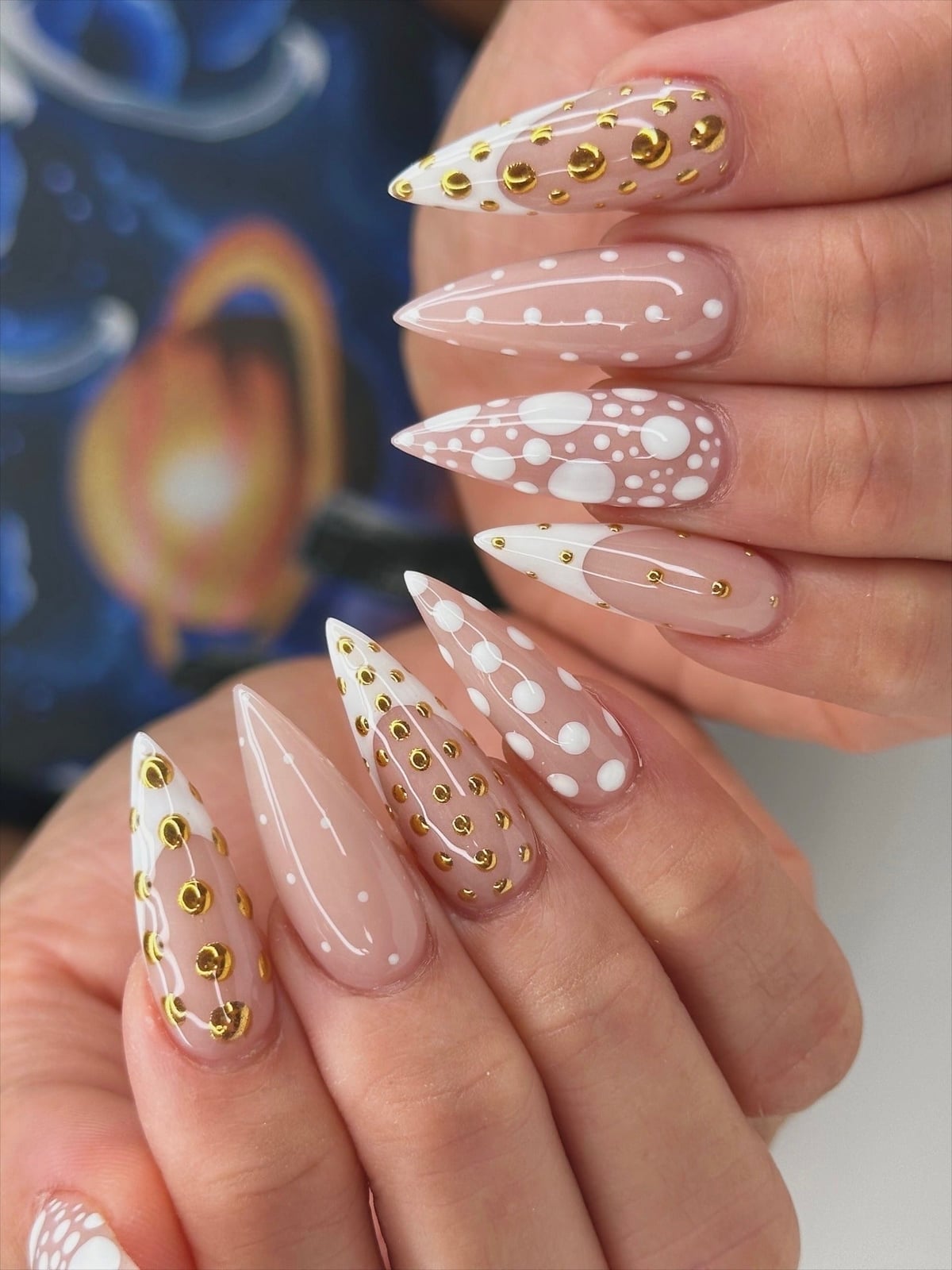 Medium Sharp Almond Nude Gold Dot Nails Medium Sharp Almond Nude Gold Dot Nails — Trendy Abstract Nails