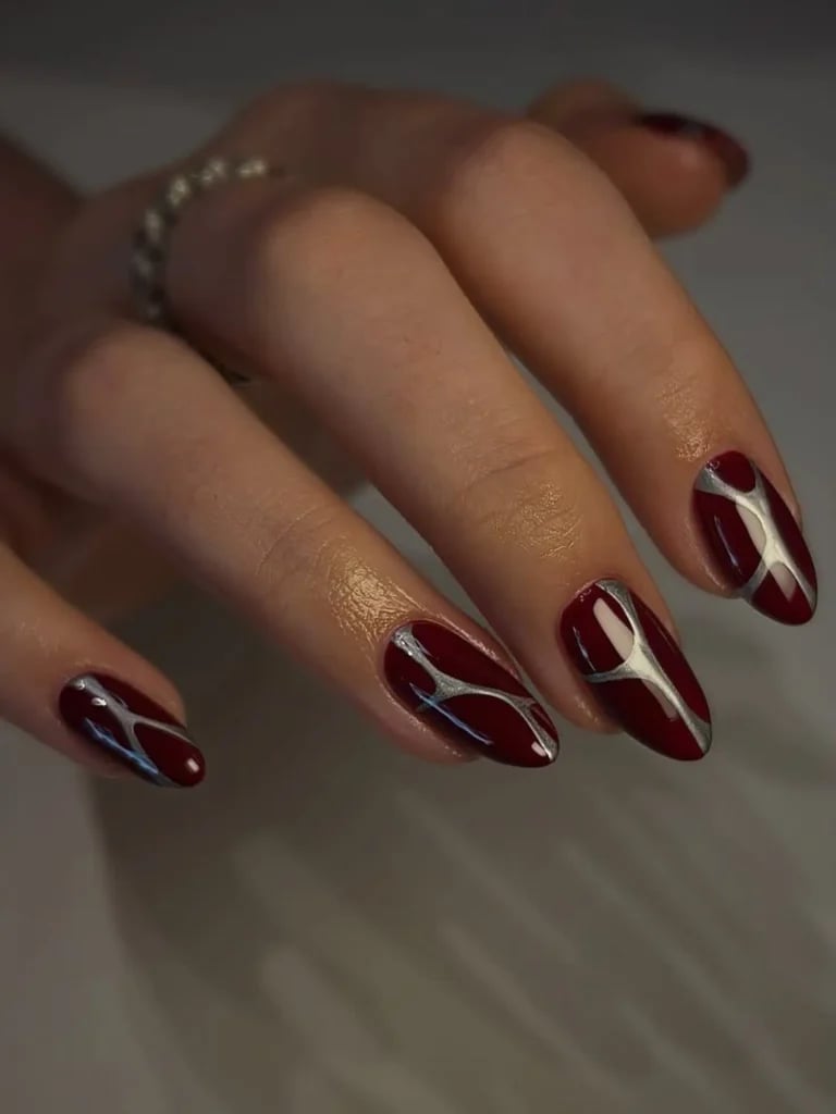 Medium Almond Deep Red Silver Line Nails Medium Almond Deep Red Silver Line Nails — Trendy Abstract Nails