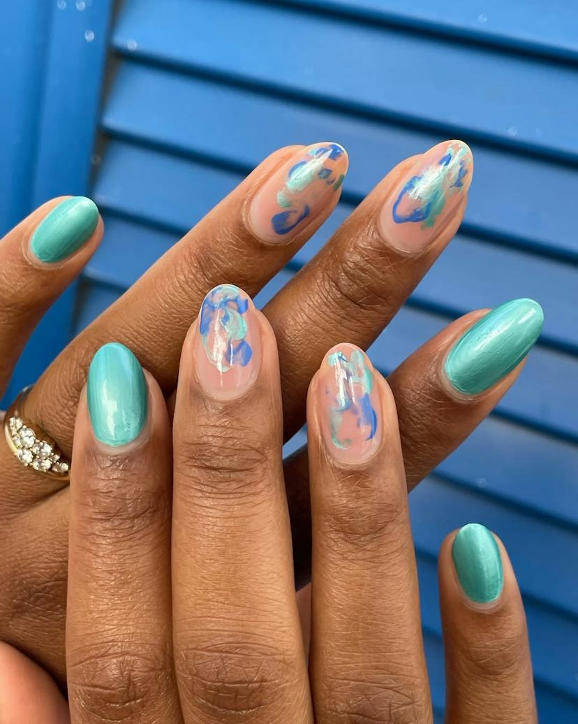 Long Oval Black Metallic Teal Pink Abstract Nails Long Oval Black Metallic Teal Pink Abstract Nails — Trendy Abstract Nails
