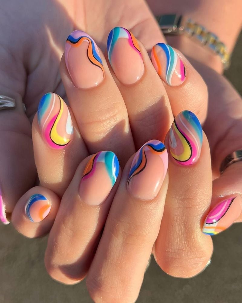 Short Oval Peach Rainbow Swirl Nails Short Oval Peach Rainbow Swirl Nails — Trendy Abstract Nails