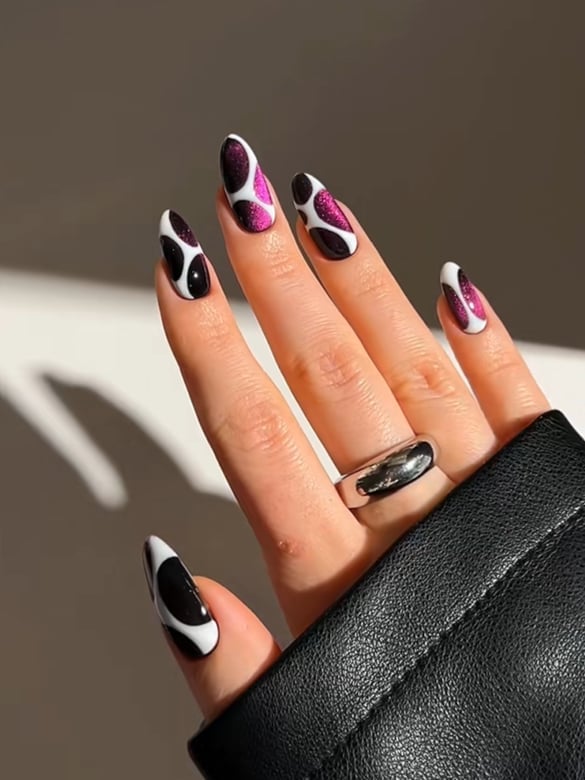 Medium Almond Glossy Cow Print Glitter Nails Medium Almond Glossy Cow Print Glitter Nails — Trendy Abstract Nails