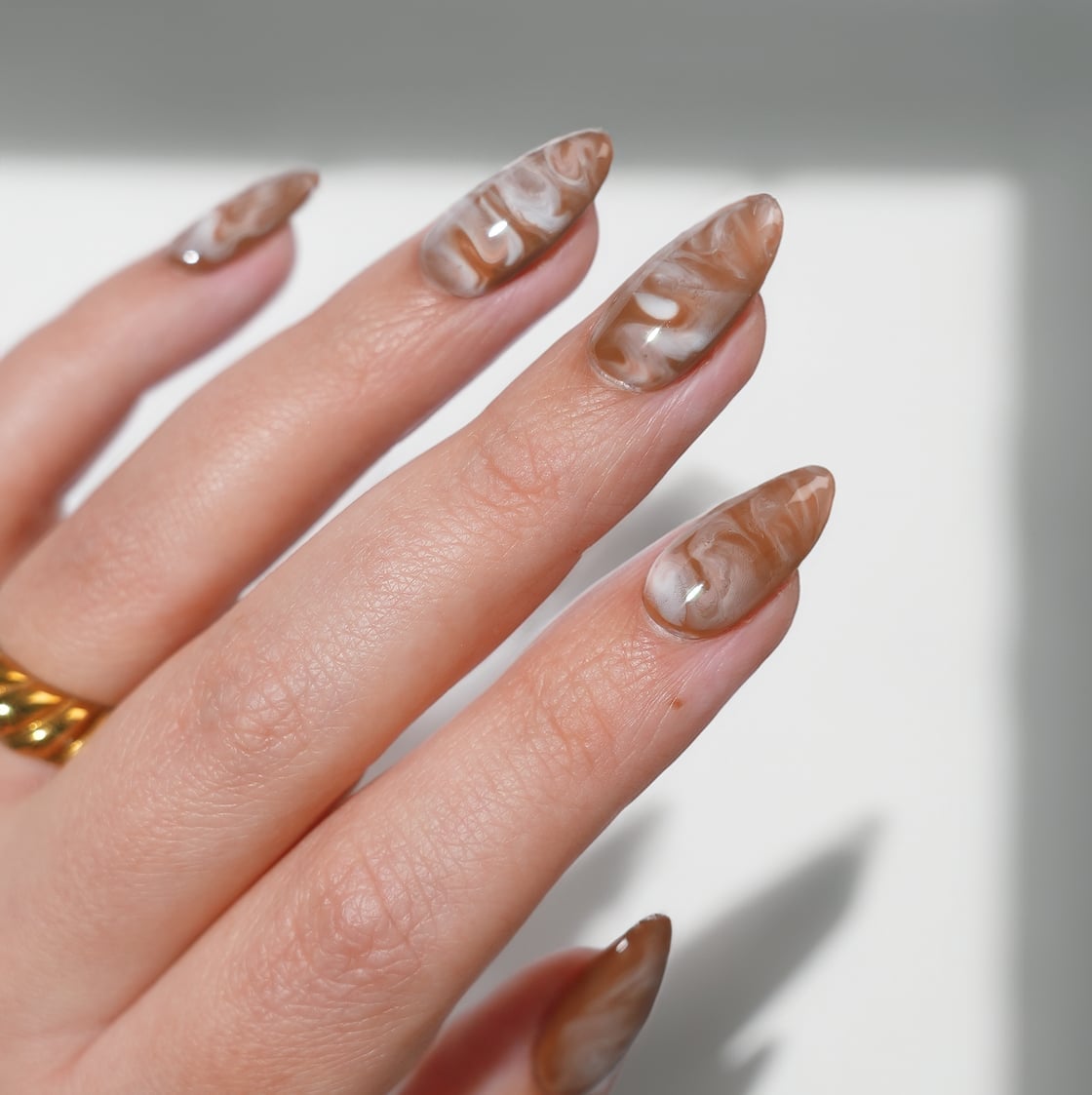 Long Stiletto Glossy Brown Marble Nails Long Stiletto Glossy Brown Marble Nails — Trendy Abstract Nails