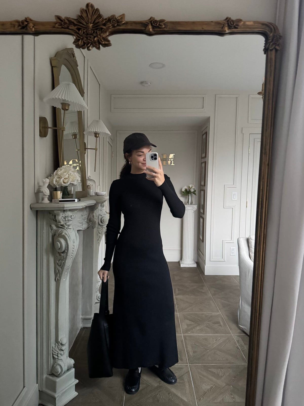 Long Sleeve Knit Dress With Baseball Cap — Trendy All Black Outfits