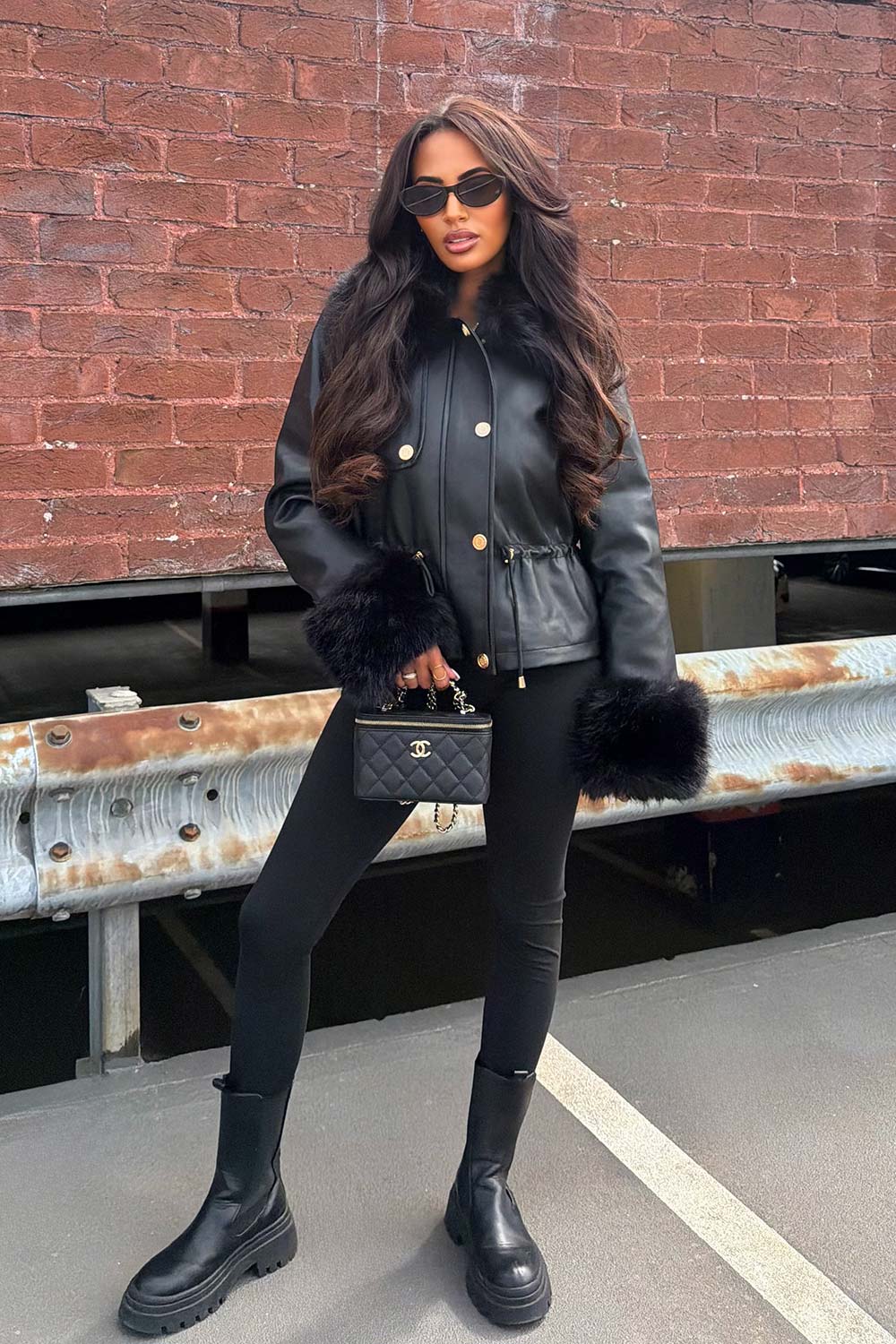 Faux Leather Jacket With Faux Fur Trim — Trendy All Black Outfits