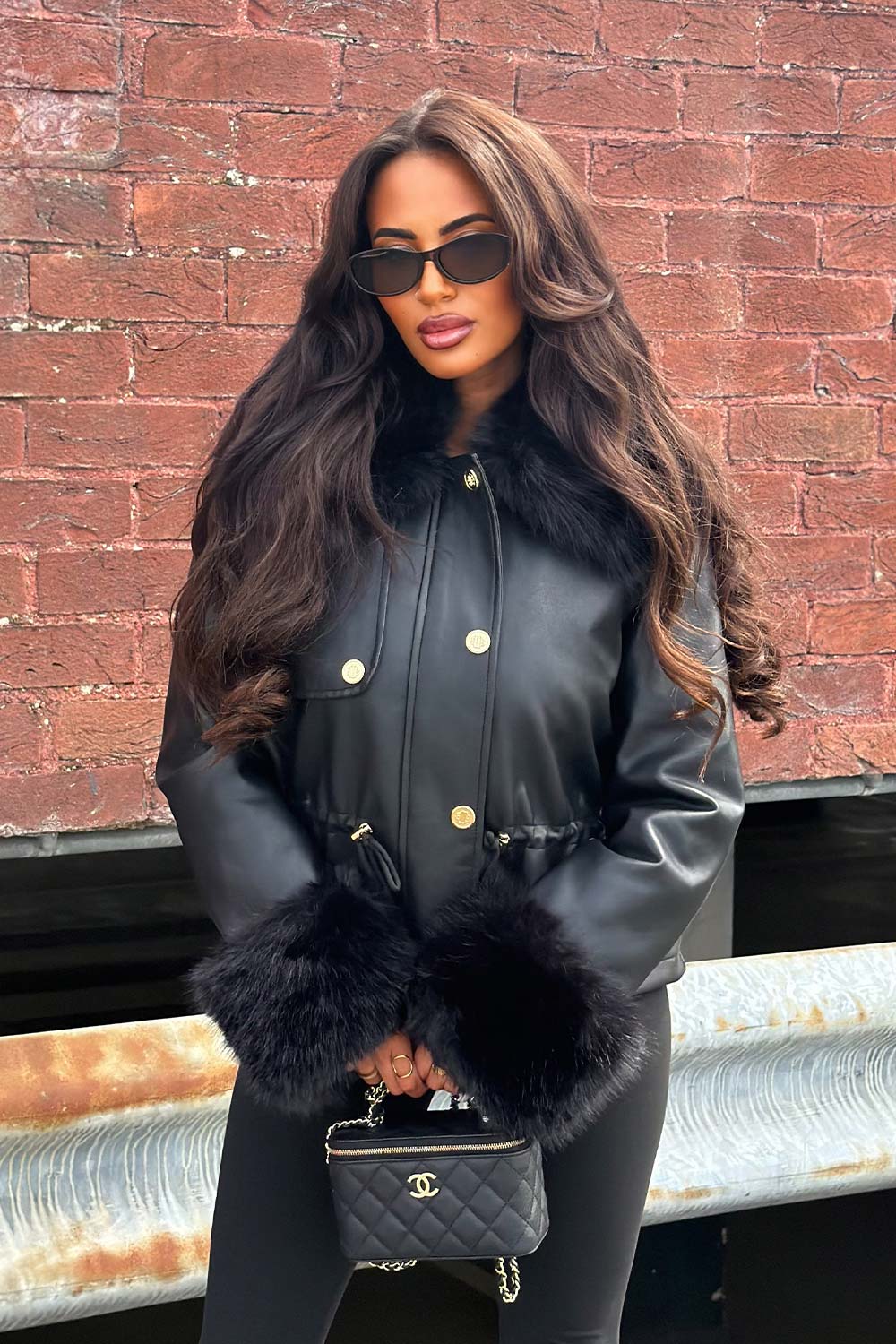 Faux Leather Jacket With Fur Collar and Black Leggings — Trendy All Black Outfits
