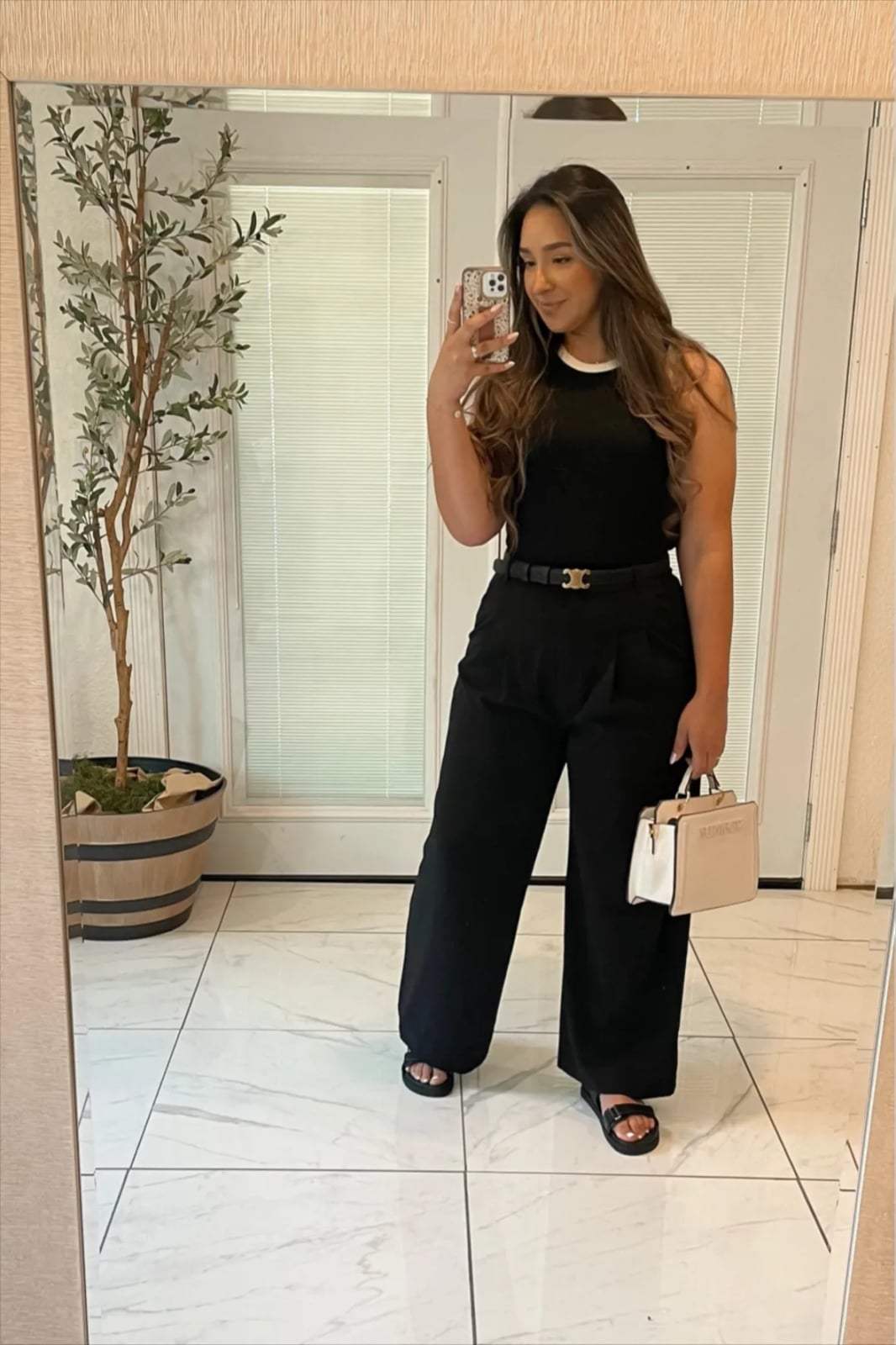 Sleeveless Top With Wide Leg Trousers and Black Slides — Trendy All Black Outfits