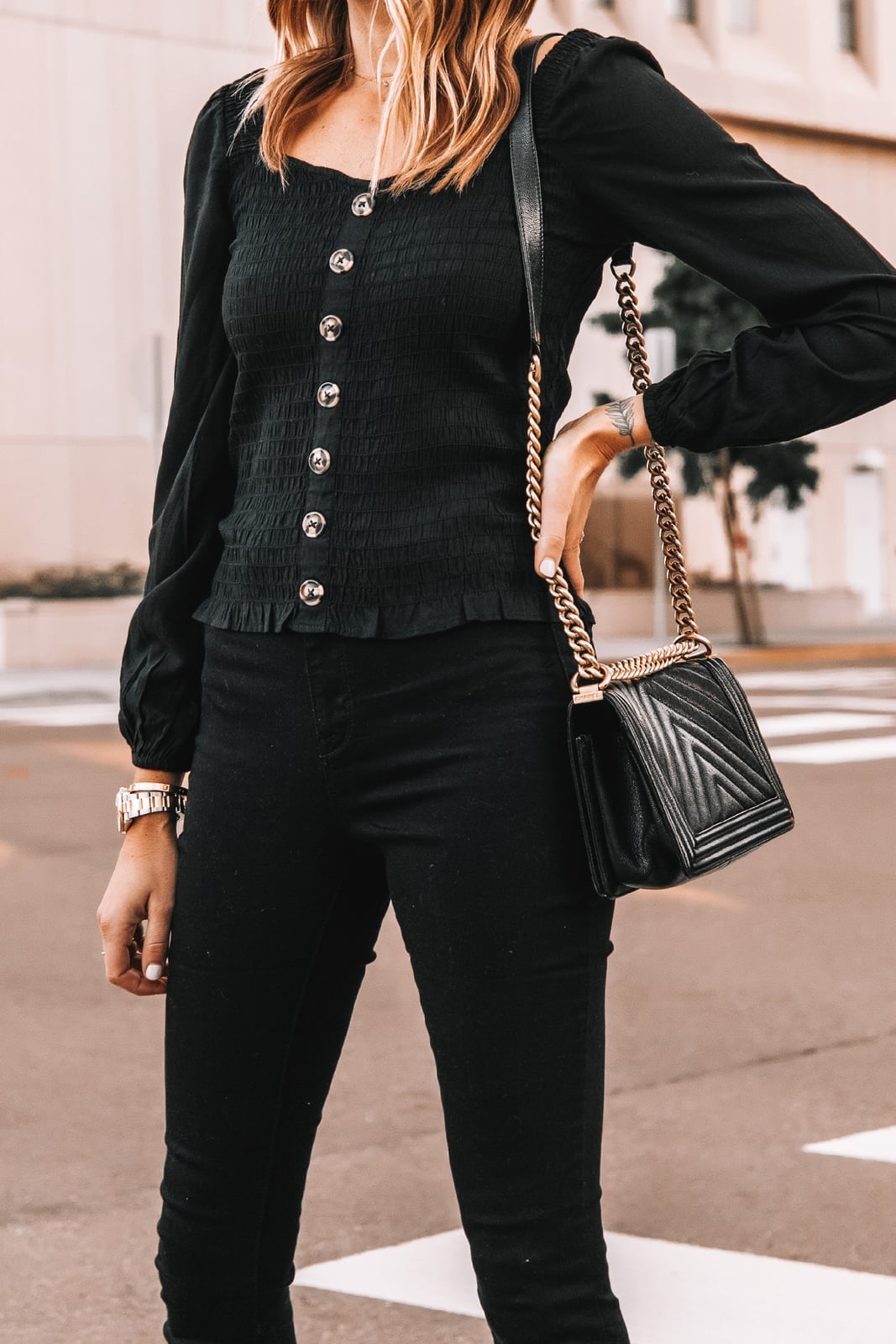 Smocked Top With Fitted Denim — Trendy All Black Outfits