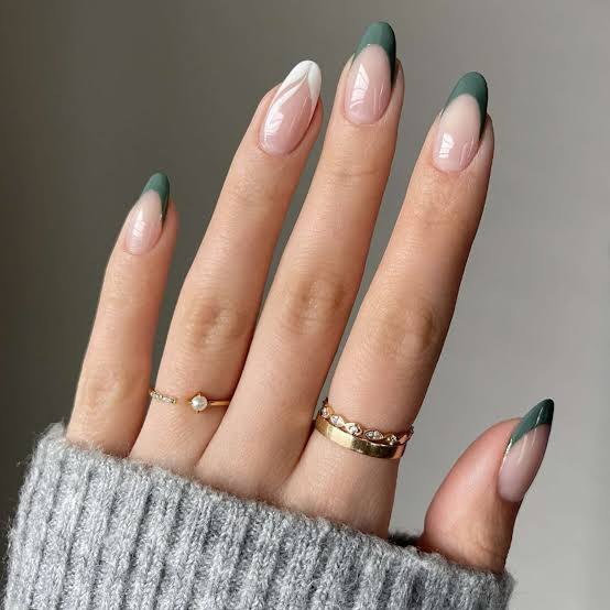Deep Green French Tip Almond Nails — Trendy Almond Nails French