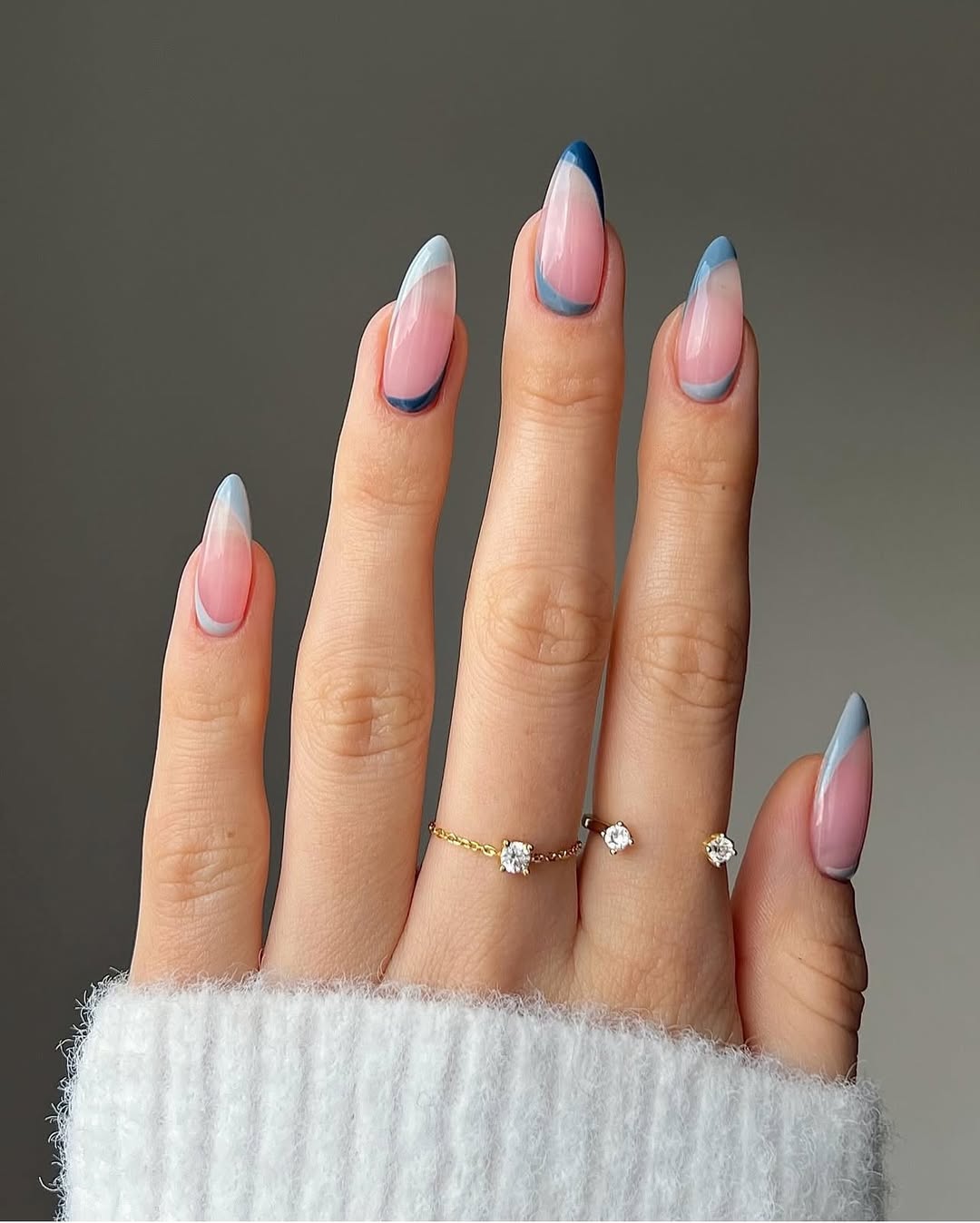 Blue Gradient French Tip Long Almond Nails — Trendy Almond Nails French