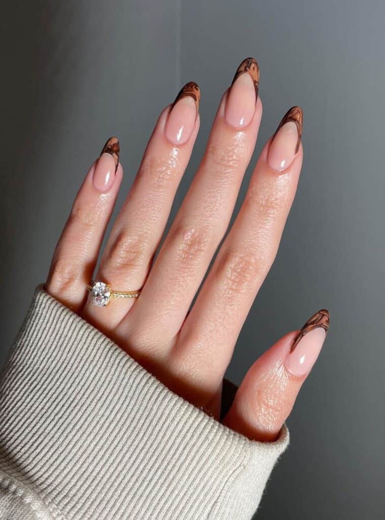 Wood Grain French Tip Nude Almond — Trendy Almond Nails French