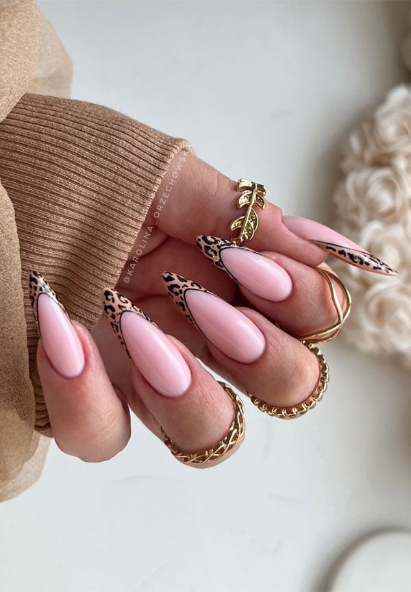 Leopard Print French Tip Pale Pink Almond — Trendy Almond Nails French