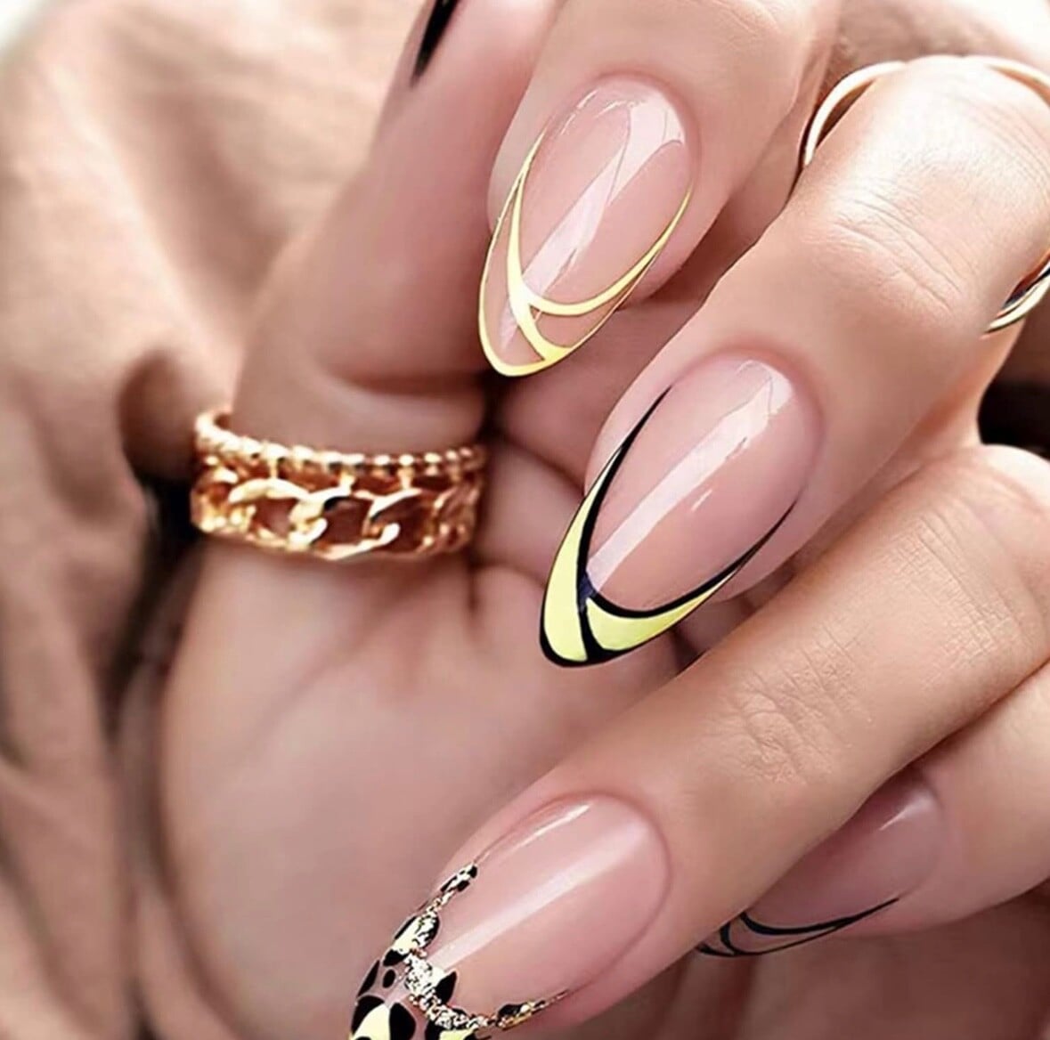 Geometric Yellow Black French Almond Nails — Trendy Almond Nails French