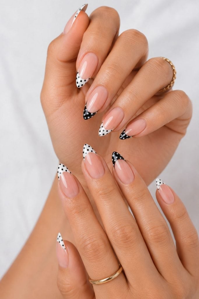 Polka Dot French Tip Nude Almond Nails — Trendy Almond Nails French