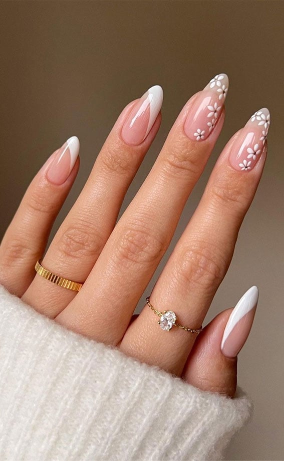 Floral Accent White French Nude Almond — Trendy Almond Nails French