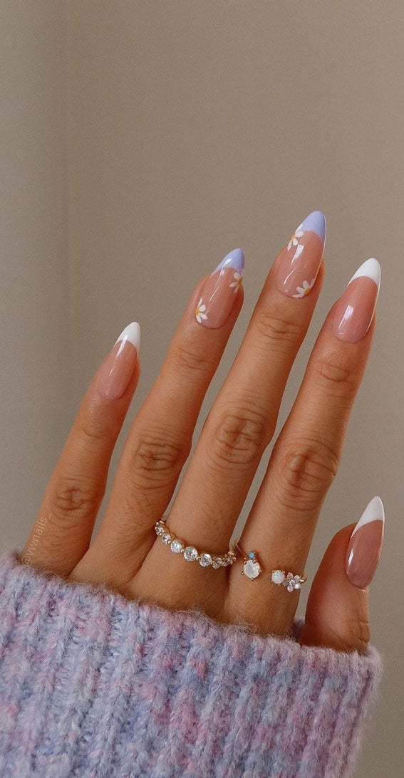 Floral White Lavender French Almond Nails — Trendy Almond Nails French