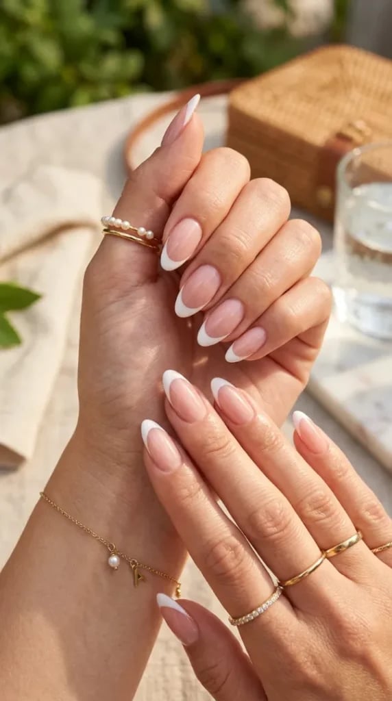 Classic White French Nude Almond Nails — Trendy Almond Nails French