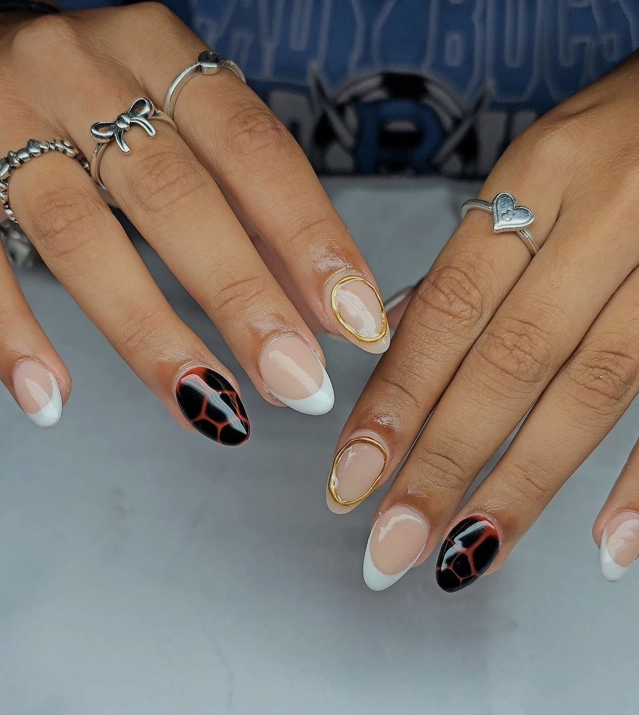 Short Almond Abstract Black Red French — Trendy Almond Nails French