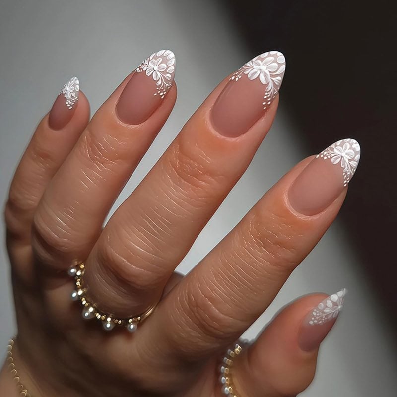 Floral French Tip Long Almond Nails — Trendy Almond Nails French