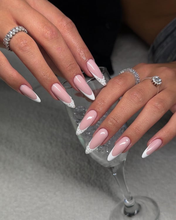 Long Almond Pearl Accent French Nails — Trendy Almond Nails French