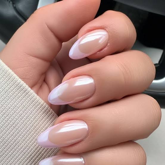 Pearlescent Lavender Chrome French Almonds — Trendy Almond Nails French