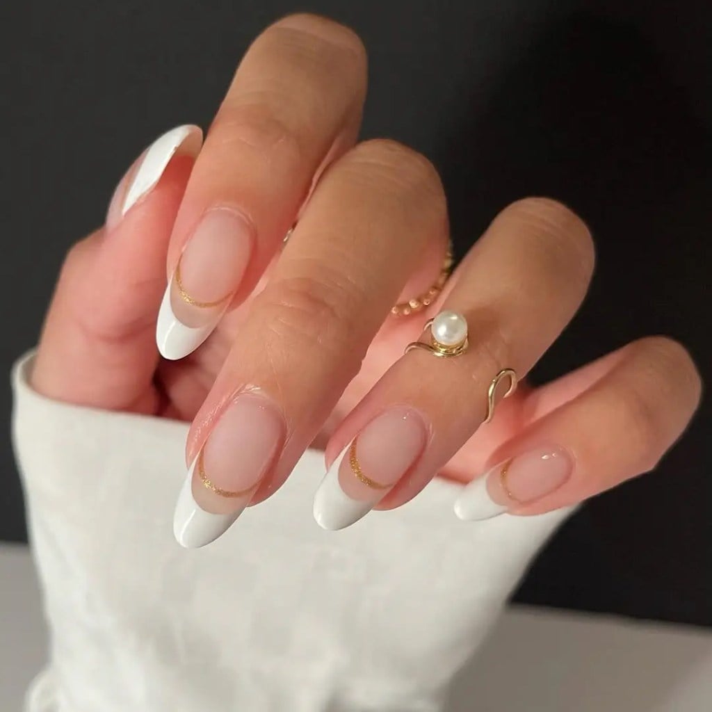 Gold Line Accent White French Almond — Trendy Almond Nails French