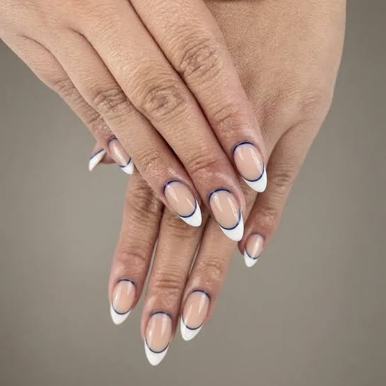 Double Blue Outline Nude Almond French — Trendy Almond Nails French