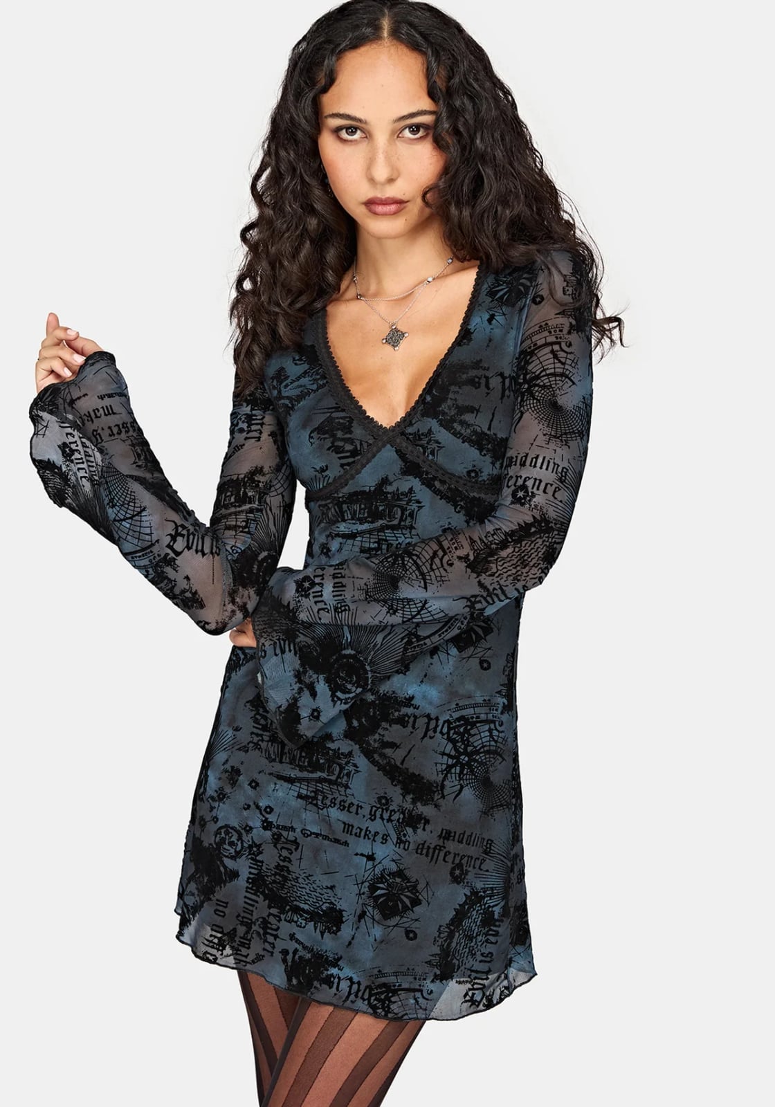 Sheer Mesh Mini Dress with Graphic Print Sheer Mesh Mini Dress with Graphic Print — Trendy Alt Outfits