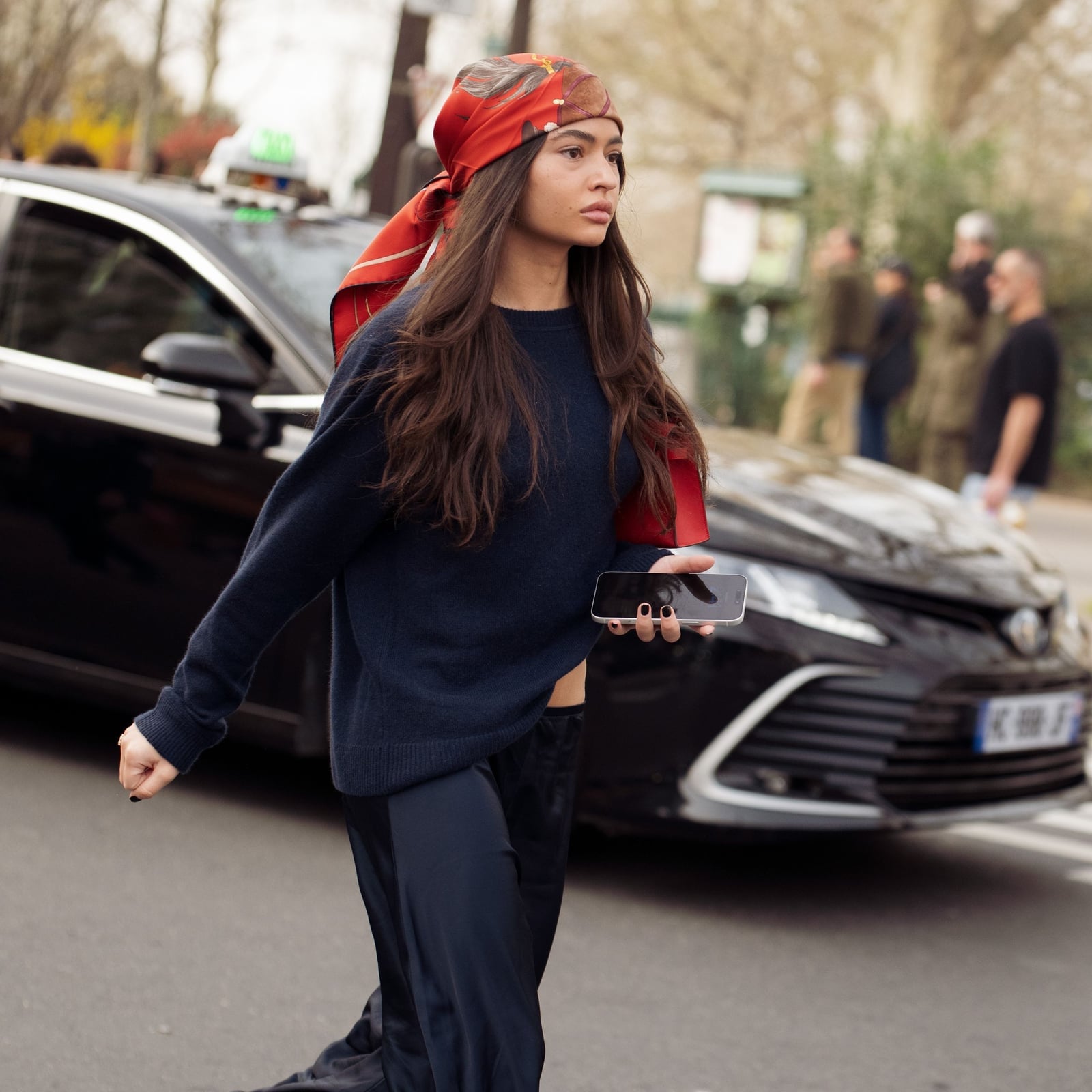 Navy Sweater with Wide-Leg Silk Trousers Navy Sweater with Wide-Leg Silk Trousers — Trendy Alt Outfits