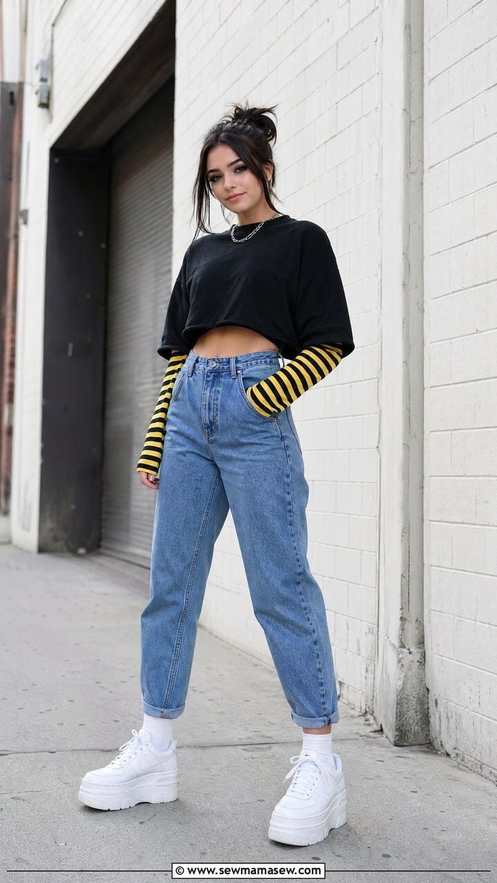 Striped Long-Sleeve Top with Cropped Tee and Baggy Jeans Striped Long-Sleeve Top with Cropped Tee and Baggy Jeans — Trendy Alt Outfits