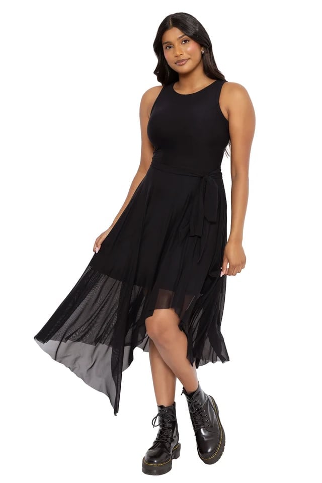 Black Dress with Sheer Pleated Skirt Overlay Black Dress with Sheer Pleated Skirt Overlay — Trendy Alt Outfits