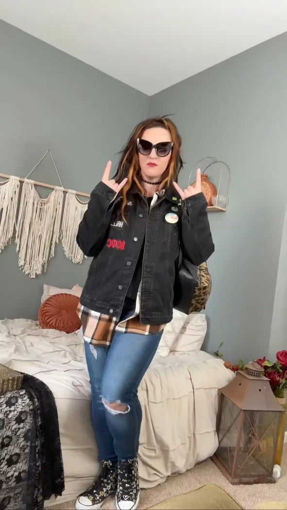 Patched Denim Jacket Over Plaid Shirt and Ripped Jeans Patched Denim Jacket Over Plaid Shirt and Ripped Jeans — Trendy Alt Outfits