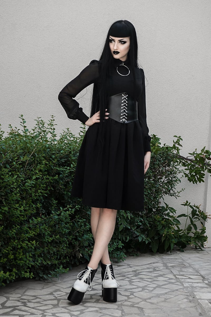 Black Sheer Top Under Midi Dress with Corset Belt Black Sheer Top Under Midi Dress with Corset Belt — Trendy Alt Outfits