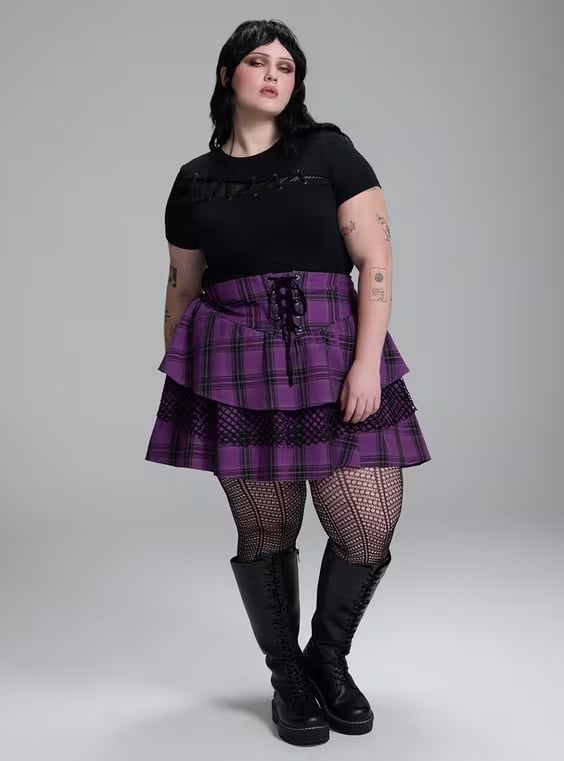 Lace Detail T-Shirt with Layered Plaid Skirt Lace Detail T-Shirt with Layered Plaid Skirt — Trendy Alt Outfits