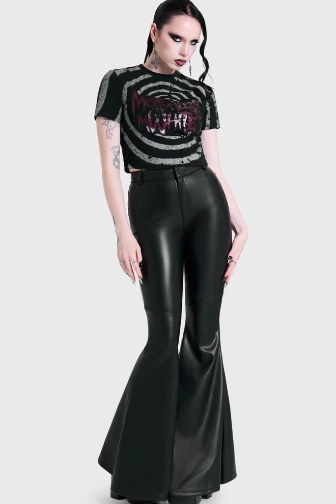 Graphic Cropped Tee with Flared Faux Leather Pants Graphic Cropped Tee with Flared Faux Leather Pants — Trendy Alt Outfits