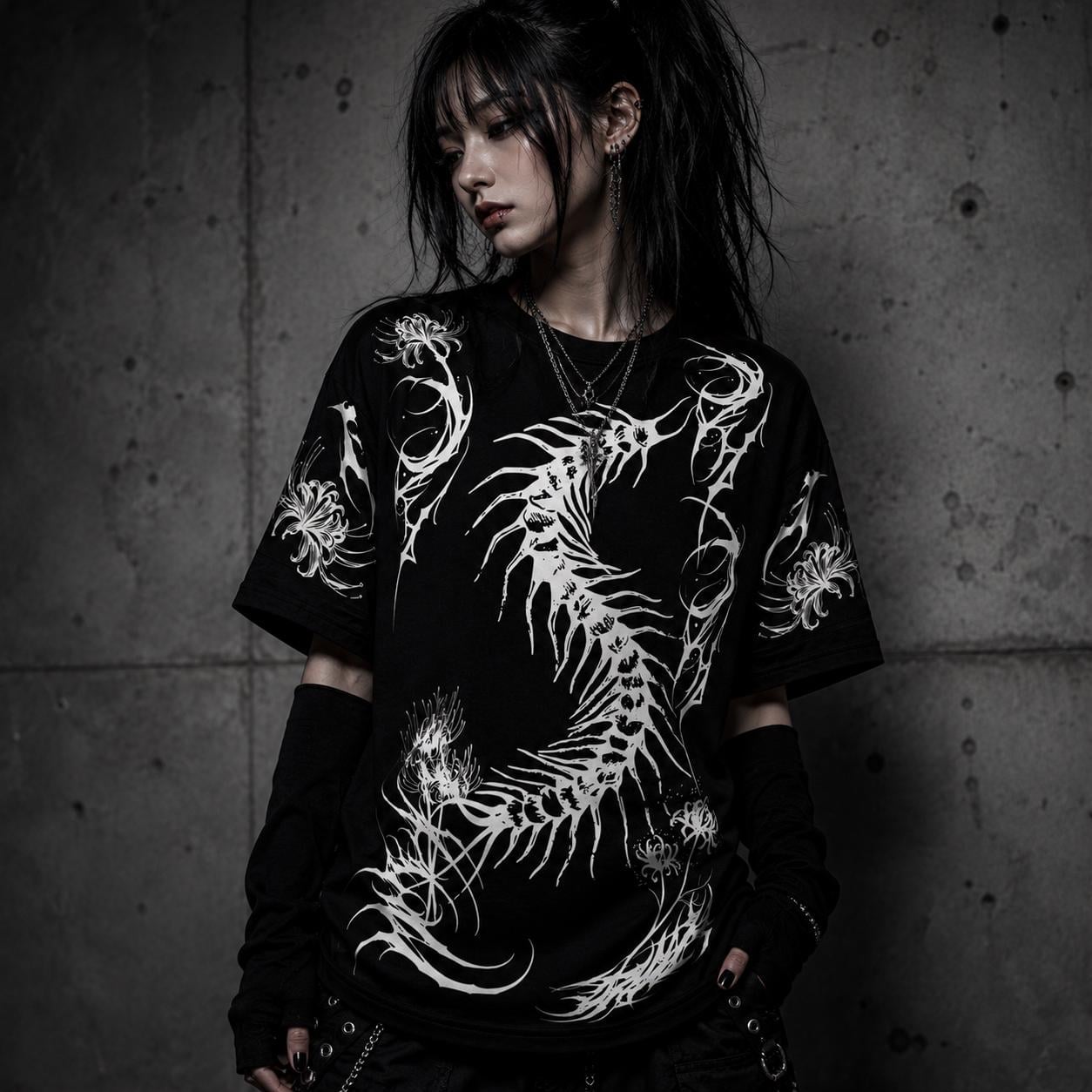 Graphic Print T-Shirt with Arm Warmers, Close-Up Take Graphic Print T-Shirt with Arm Warmers, Close-Up Take — Trendy Alt Outfits