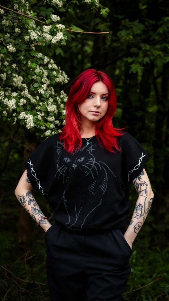 Loose Knit Top with Cat Graphic and Dark Trousers Loose Knit Top with Cat Graphic and Dark Trousers — Trendy Alt Outfits