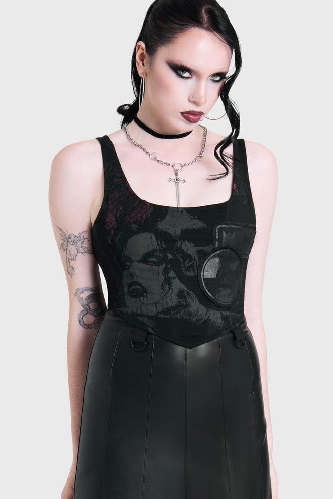 Textured Corset Top with Faux Leather Skirt, A Woman Wears A Black Textured Corset Top with Faux Leather Skirt, A Woman Wears A Black — Trendy Alt Outfits