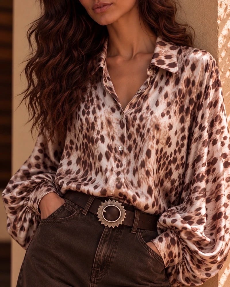 Animal Print Satin Blouse With Dark Jeans Animal Print Satin Blouse With Dark Jeans — Trendy Animal Print Outfits
